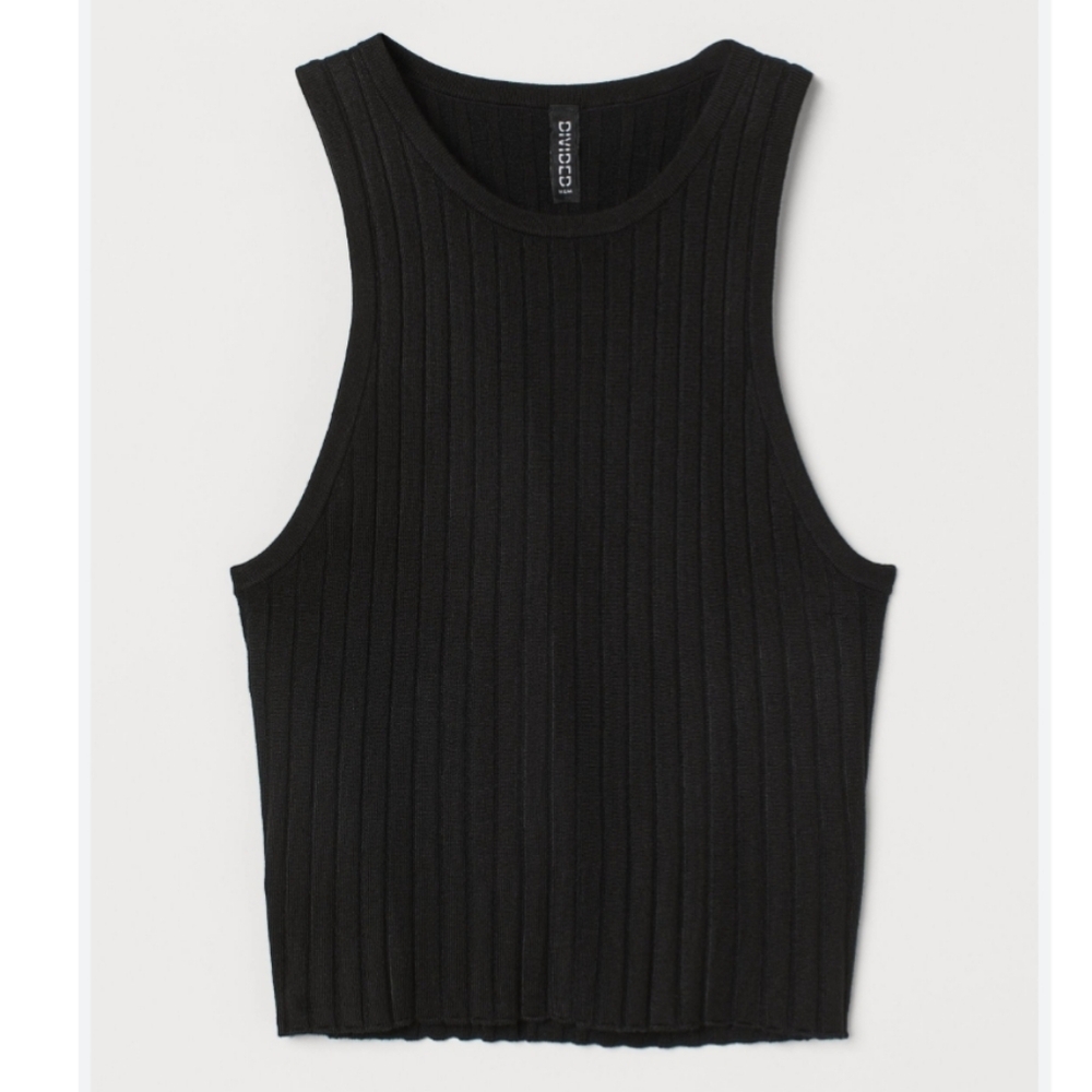 H&M Ribbed Cropped Tank Top – Black Sleeveless Vest Style (S)